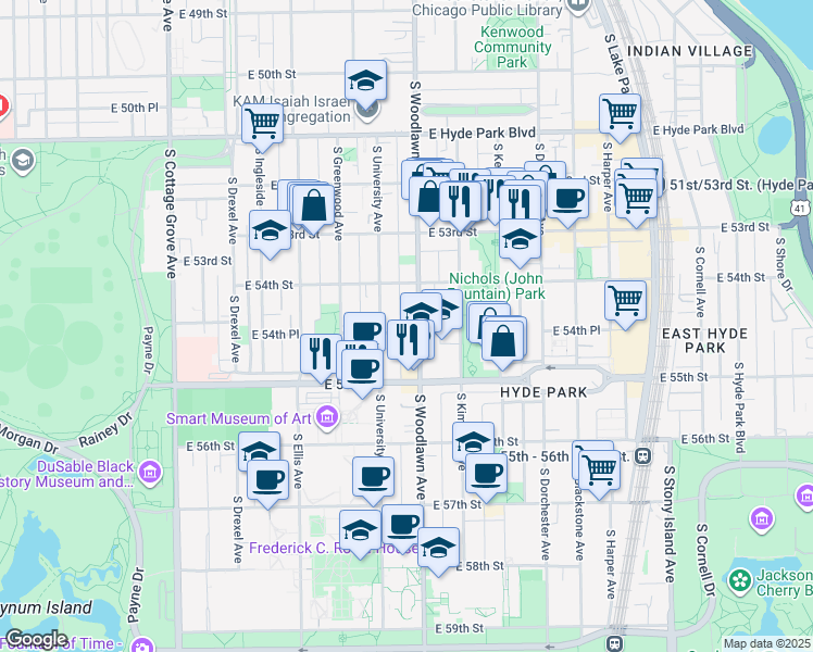 map of restaurants, bars, coffee shops, grocery stores, and more near 5432 South Woodlawn Avenue in Chicago