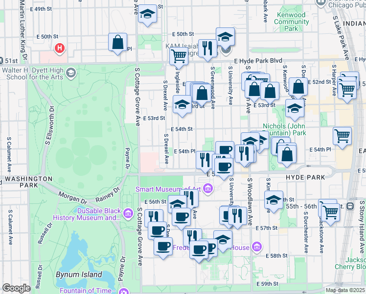 map of restaurants, bars, coffee shops, grocery stores, and more near 5445 South Ingleside Avenue in Chicago