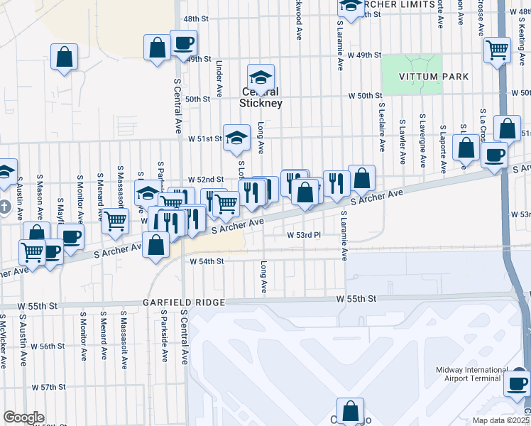 map of restaurants, bars, coffee shops, grocery stores, and more near 5317 Long Avenue in Chicago