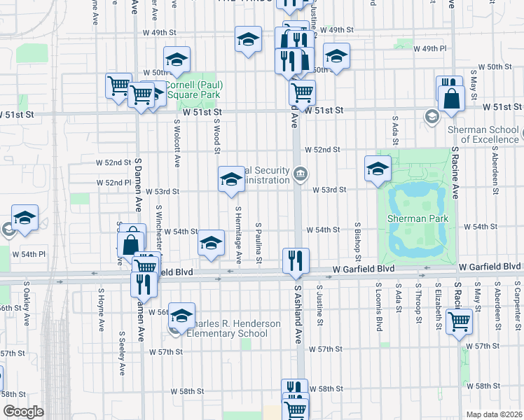 map of restaurants, bars, coffee shops, grocery stores, and more near 5329 South Paulina Street in Chicago