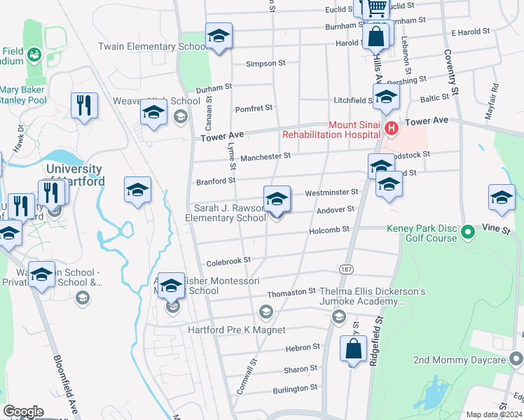map of restaurants, bars, coffee shops, grocery stores, and more near 132 Andover Street in Hartford