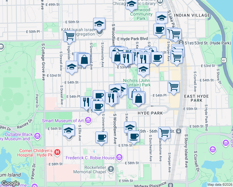 map of restaurants, bars, coffee shops, grocery stores, and more near 5439 South Woodlawn Avenue in Chicago