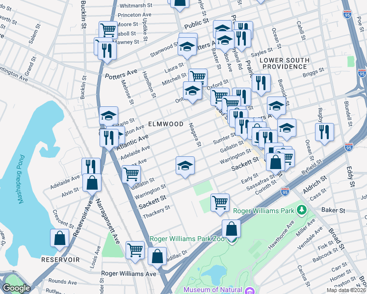 map of restaurants, bars, coffee shops, grocery stores, and more near 108 Adelaide Avenue in Providence