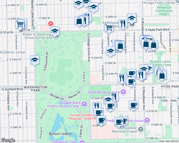 map of restaurants, bars, coffee shops, grocery stores, and more near South Cottage Grove Avenue & East 54th Street in Chicago