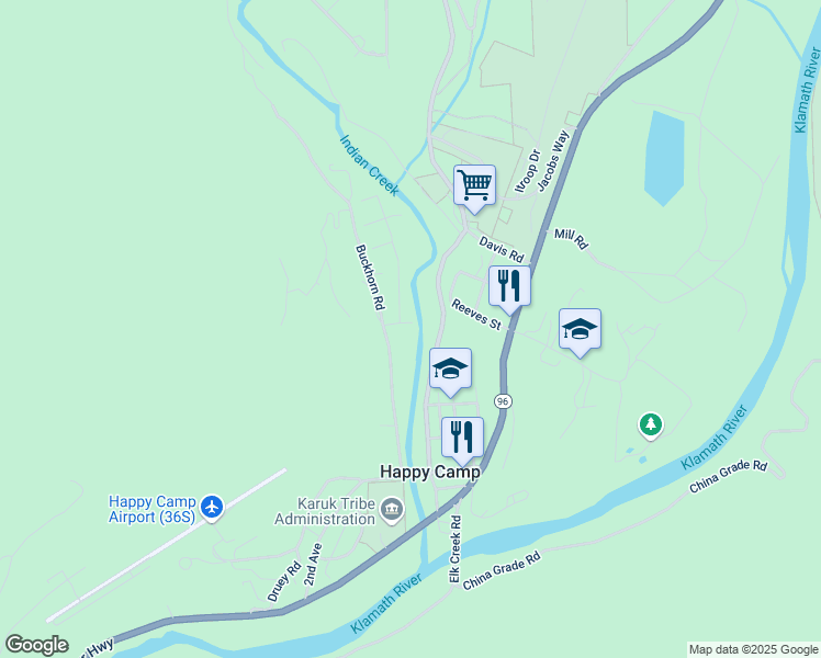 map of restaurants, bars, coffee shops, grocery stores, and more near 330-518 Live Oak Drive in Happy Camp