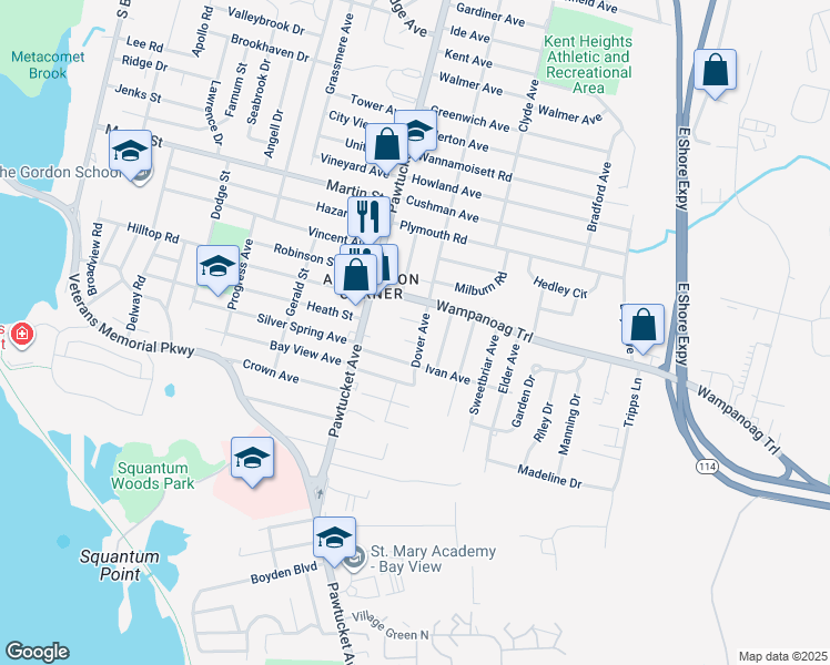 map of restaurants, bars, coffee shops, grocery stores, and more near 53 Wampanoag Trail in East Providence