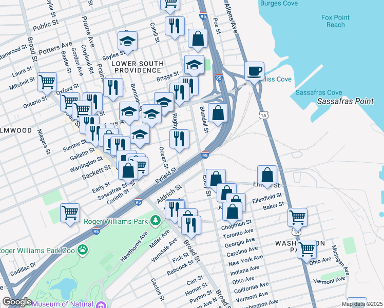 map of restaurants, bars, coffee shops, grocery stores, and more near 123 Pavilion Avenue in Providence