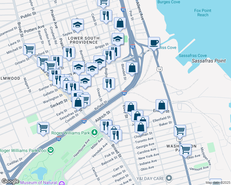 map of restaurants, bars, coffee shops, grocery stores, and more near 123 Pavilion Avenue in Providence