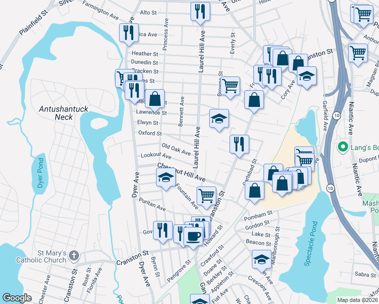 map of restaurants, bars, coffee shops, grocery stores, and more near 581 Laurel Hill Avenue in Cranston