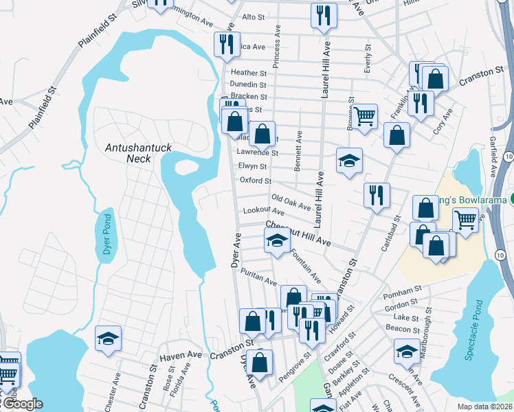 map of restaurants, bars, coffee shops, grocery stores, and more near 99 Old Oak Avenue in Cranston