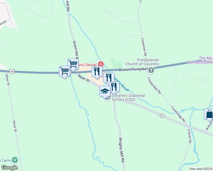 map of restaurants, bars, coffee shops, grocery stores, and more near 3480 Main Street in Coventry