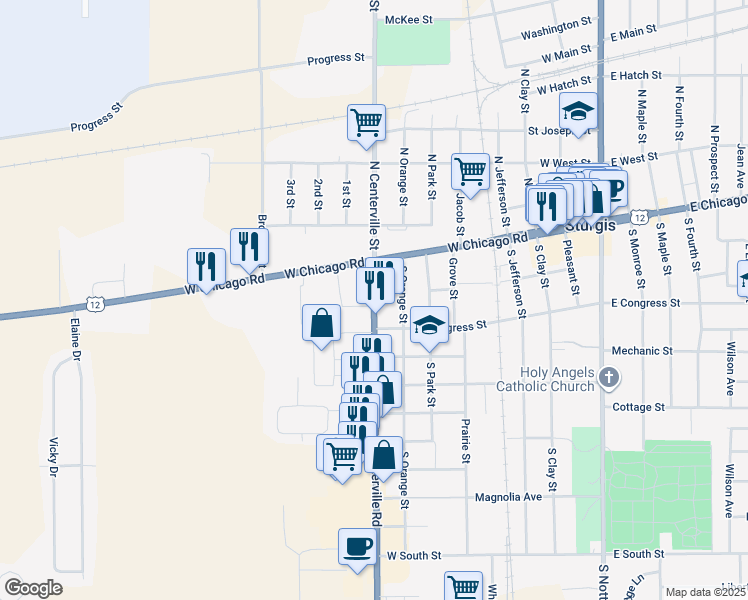 map of restaurants, bars, coffee shops, grocery stores, and more near 110 South Centerville Road in Sturgis