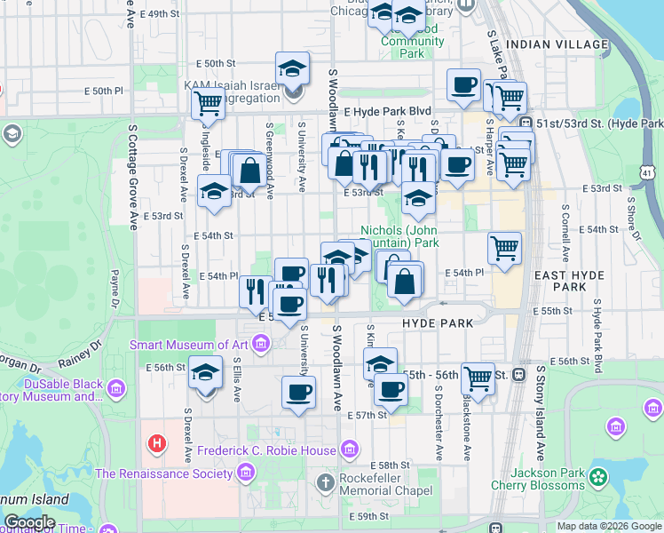 map of restaurants, bars, coffee shops, grocery stores, and more near 5410 South Woodlawn Avenue in Chicago