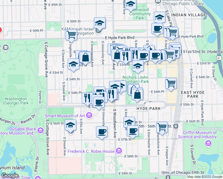 map of restaurants, bars, coffee shops, grocery stores, and more near 5412 South Woodlawn Avenue in Chicago