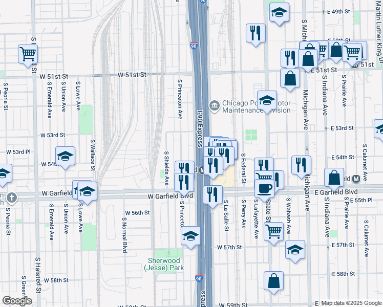 map of restaurants, bars, coffee shops, grocery stores, and more near 5321 South Wells Street in Chicago