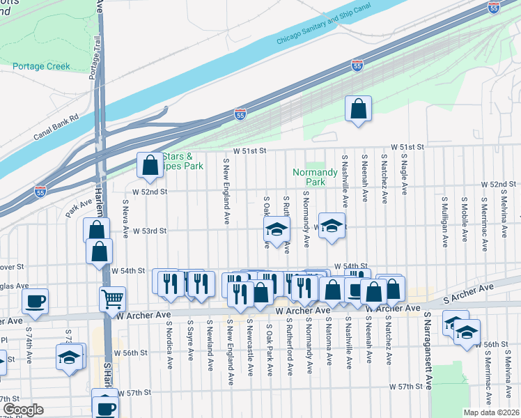 map of restaurants, bars, coffee shops, grocery stores, and more near 5204 South Oak Park Avenue in Chicago
