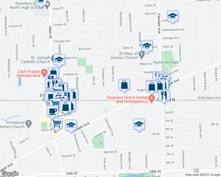 map of restaurants, bars, coffee shops, grocery stores, and more near 4920 Stanley Avenue in Downers Grove