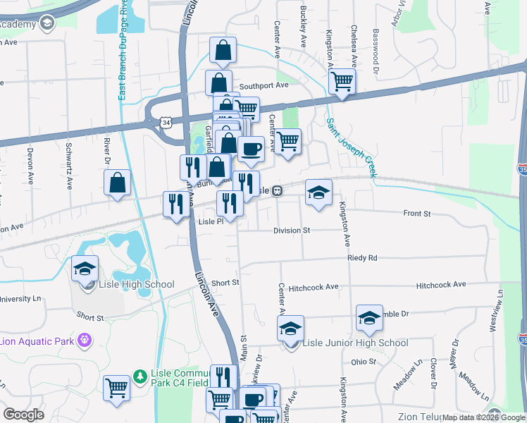 map of restaurants, bars, coffee shops, grocery stores, and more near in Lisle