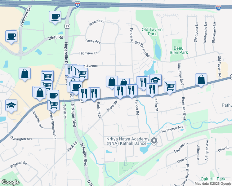 map of restaurants, bars, coffee shops, grocery stores, and more near 4775 Karns Road in Lisle