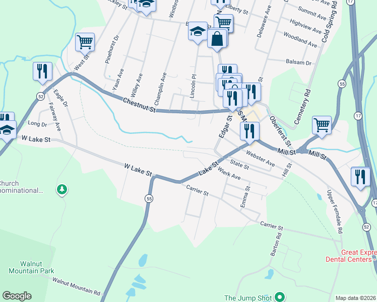 map of restaurants, bars, coffee shops, grocery stores, and more near State Street in Liberty
