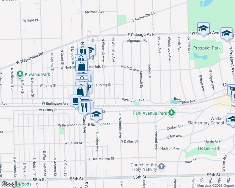 map of restaurants, bars, coffee shops, grocery stores, and more near 37 North Wilmette Avenue in Westmont