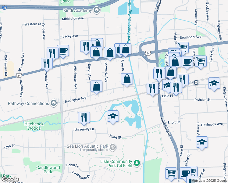 map of restaurants, bars, coffee shops, grocery stores, and more near 1611 Burlington Avenue in Lisle