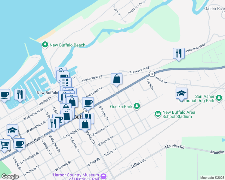 map of restaurants, bars, coffee shops, grocery stores, and more near 427 East Merchant Street in New Buffalo