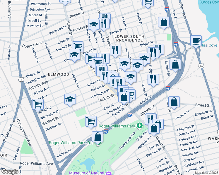 map of restaurants, bars, coffee shops, grocery stores, and more near 1029 Broad St in Providence