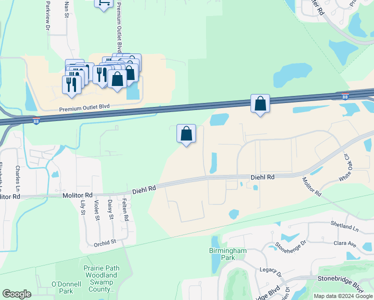 map of restaurants, bars, coffee shops, grocery stores, and more near 2188 Diehl Road in Aurora
