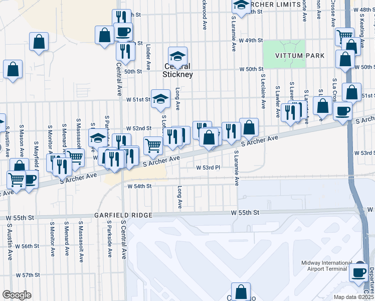 map of restaurants, bars, coffee shops, grocery stores, and more near 5229 Long Avenue in Chicago