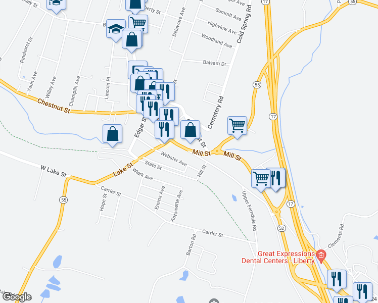 map of restaurants, bars, coffee shops, grocery stores, and more near 231 South Main Street in Liberty