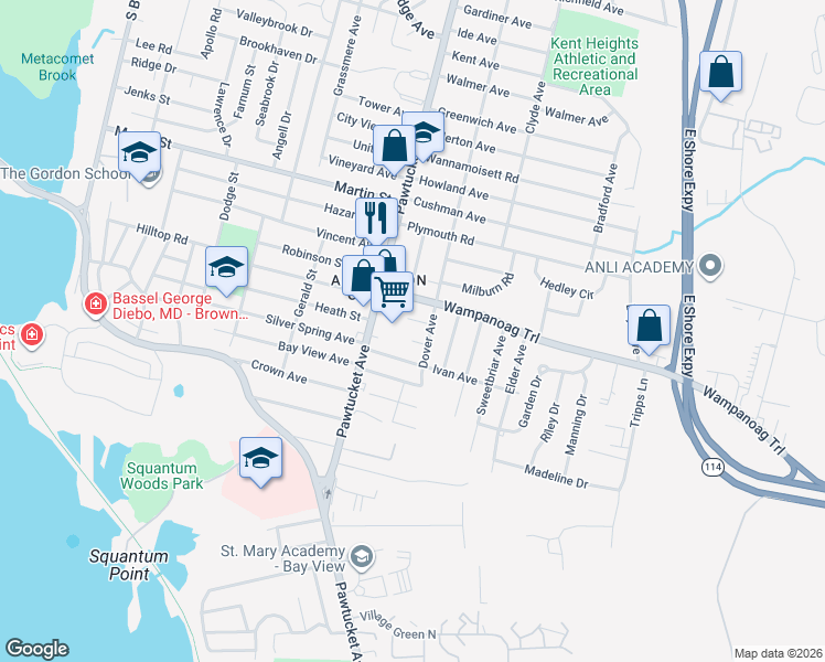 map of restaurants, bars, coffee shops, grocery stores, and more near 15 Wampanoag Trail in East Providence