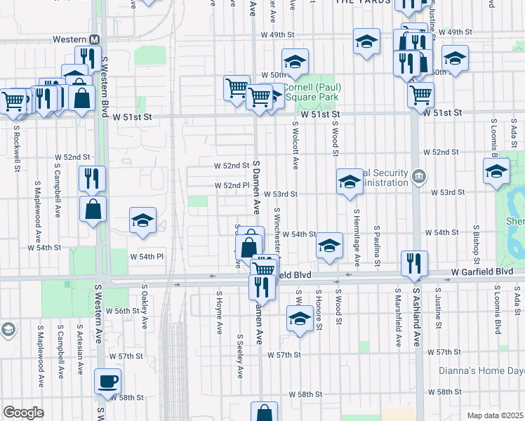 map of restaurants, bars, coffee shops, grocery stores, and more near 5302 South Winchester Avenue in Chicago