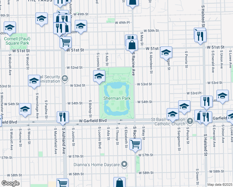 map of restaurants, bars, coffee shops, grocery stores, and more near 5301 South Loomis Boulevard in Chicago