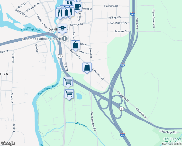 map of restaurants, bars, coffee shops, grocery stores, and more near 14 Green Hollow Road in Killingly
