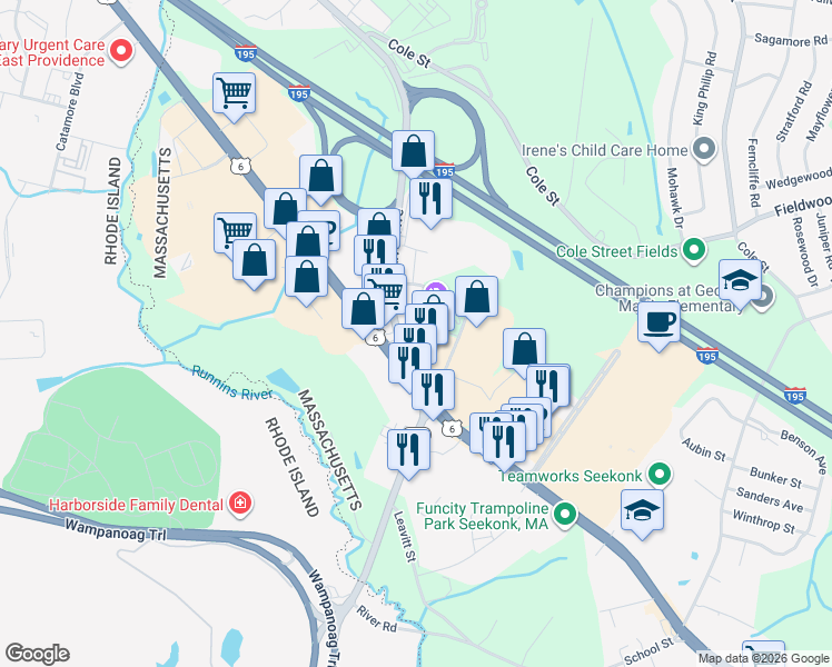 map of restaurants, bars, coffee shops, grocery stores, and more near 1030 Fall River Avenue in Seekonk
