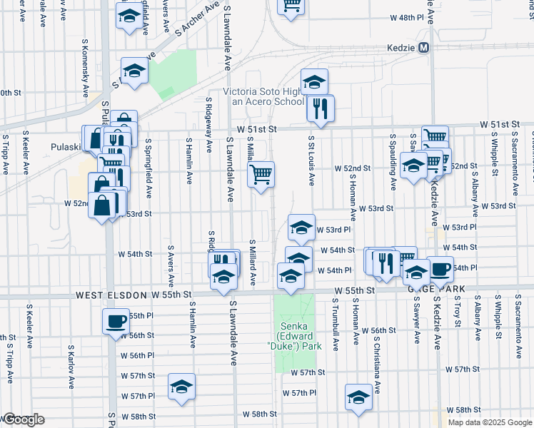 map of restaurants, bars, coffee shops, grocery stores, and more near 3601 West 53rd Street in Chicago