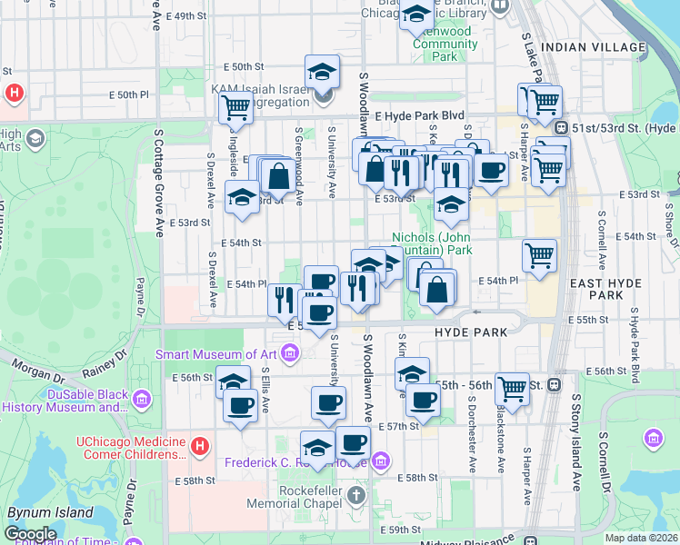 map of restaurants, bars, coffee shops, grocery stores, and more near 5410 South University Avenue in Chicago