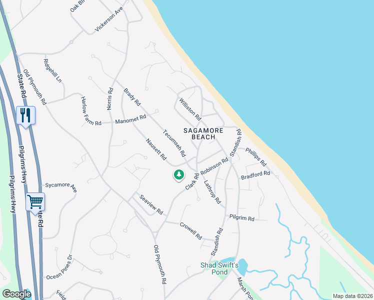 map of restaurants, bars, coffee shops, grocery stores, and more near 12 Tecumseh Road in Bourne