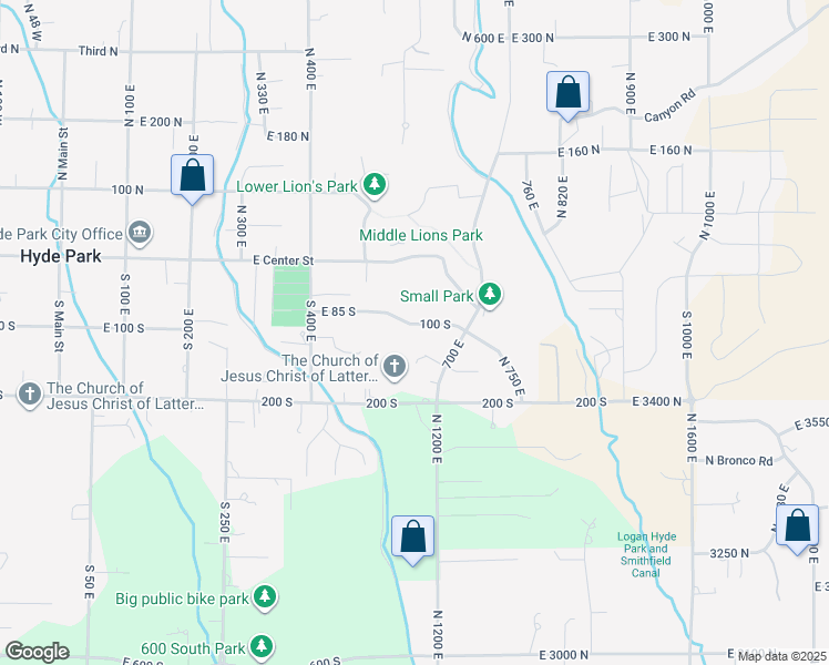 map of restaurants, bars, coffee shops, grocery stores, and more near 600 East 100 South in Hyde Park