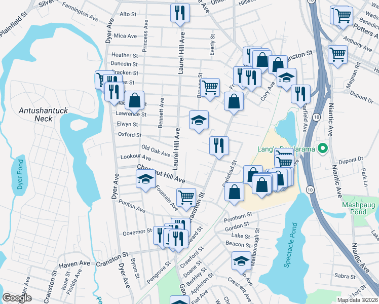map of restaurants, bars, coffee shops, grocery stores, and more near 70 Oxford Street in Cranston