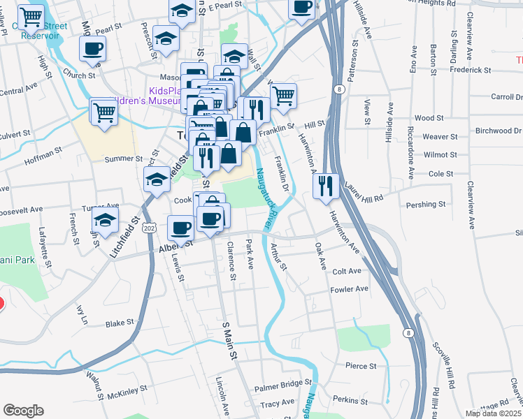 map of restaurants, bars, coffee shops, grocery stores, and more near 29 Lipton Place in Torrington