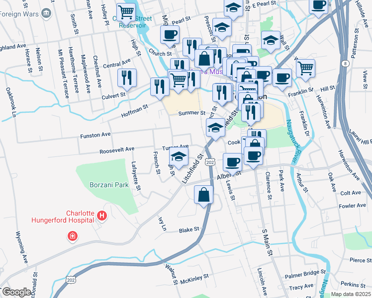 map of restaurants, bars, coffee shops, grocery stores, and more near 53 Cameron Street in Torrington