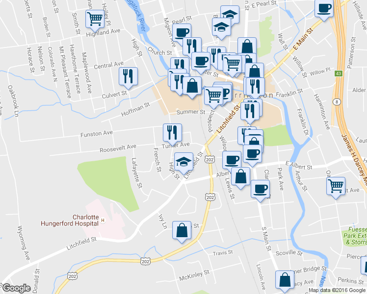 map of restaurants, bars, coffee shops, grocery stores, and more near 53 Cameron Street in Torrington