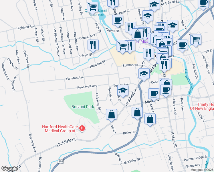 map of restaurants, bars, coffee shops, grocery stores, and more near 28 French Street in Torrington