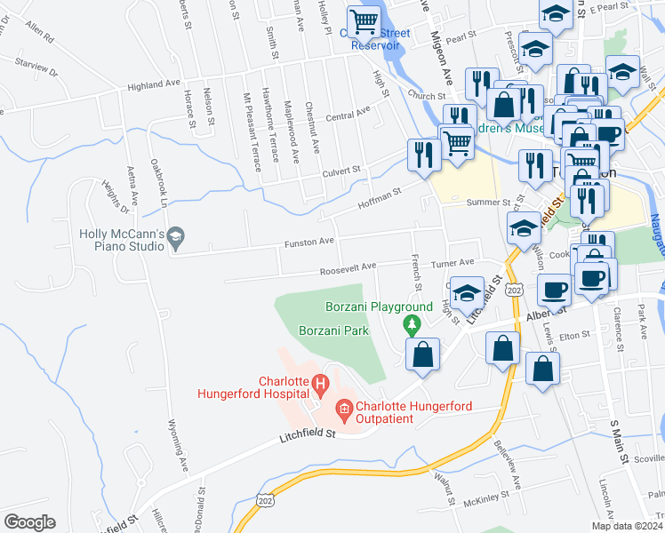 map of restaurants, bars, coffee shops, grocery stores, and more near 223 Funston Avenue in Torrington