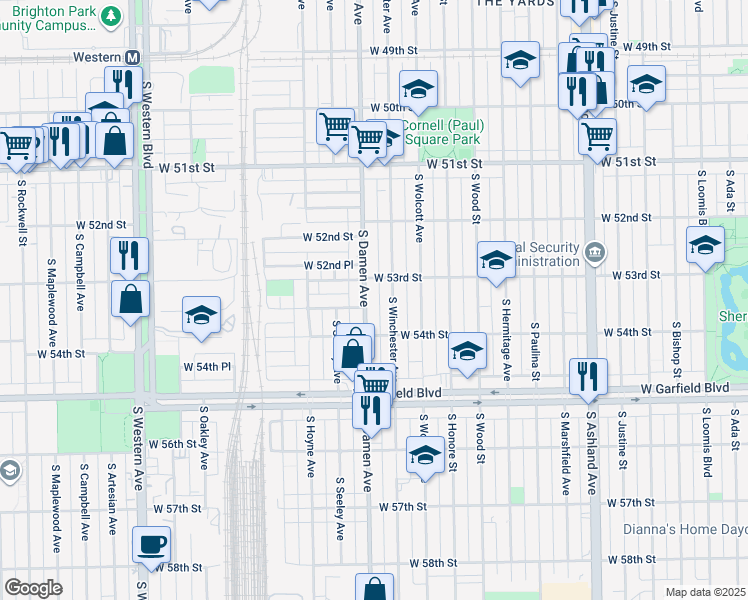 map of restaurants, bars, coffee shops, grocery stores, and more near 5302 South Winchester Avenue in Chicago