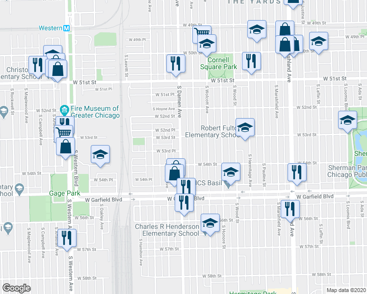map of restaurants, bars, coffee shops, grocery stores, and more near 5302 South Winchester Avenue in Chicago