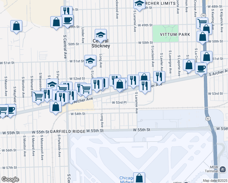 map of restaurants, bars, coffee shops, grocery stores, and more near 5225 South Lorel Avenue in Chicago