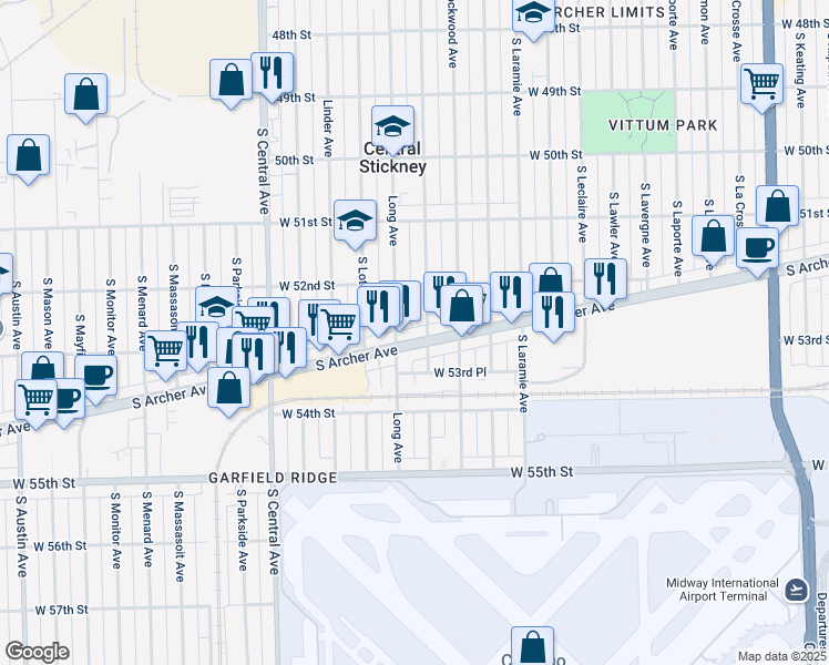 map of restaurants, bars, coffee shops, grocery stores, and more near 5229 Long Avenue in Chicago